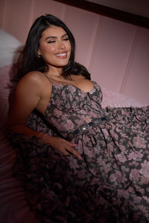 The Carmen Dress in Chocolate Peony Print