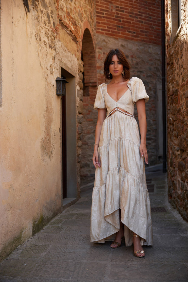 The Emma Dress in Taupe Windsor Brocade