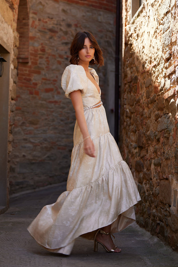 The Emma Dress in Taupe Windsor Brocade
