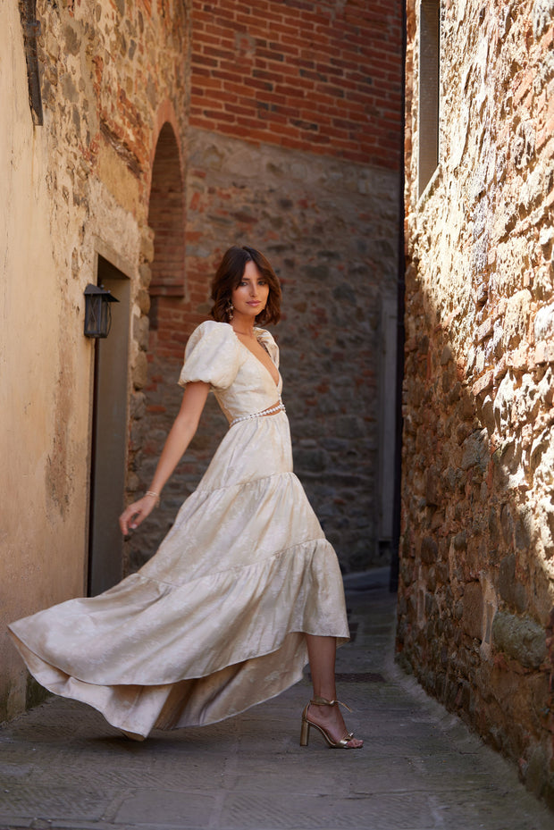 The Emma Dress in Taupe Windsor Brocade