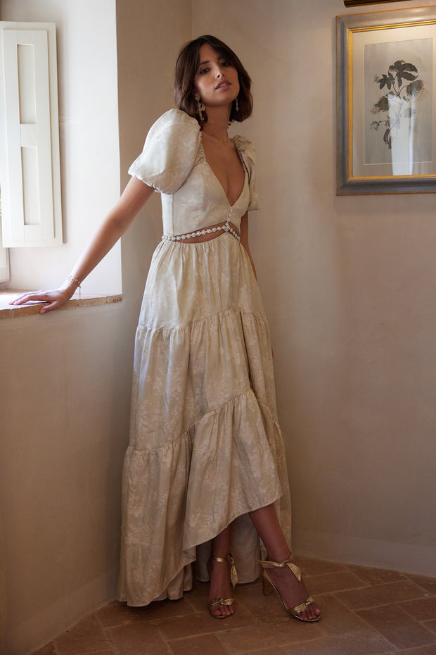 The Emma Dress in Taupe Windsor Brocade