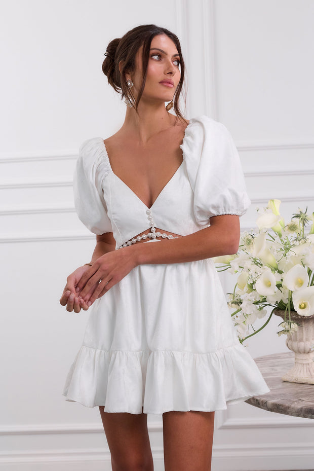 The Emily Dress in White Windsor Brocade