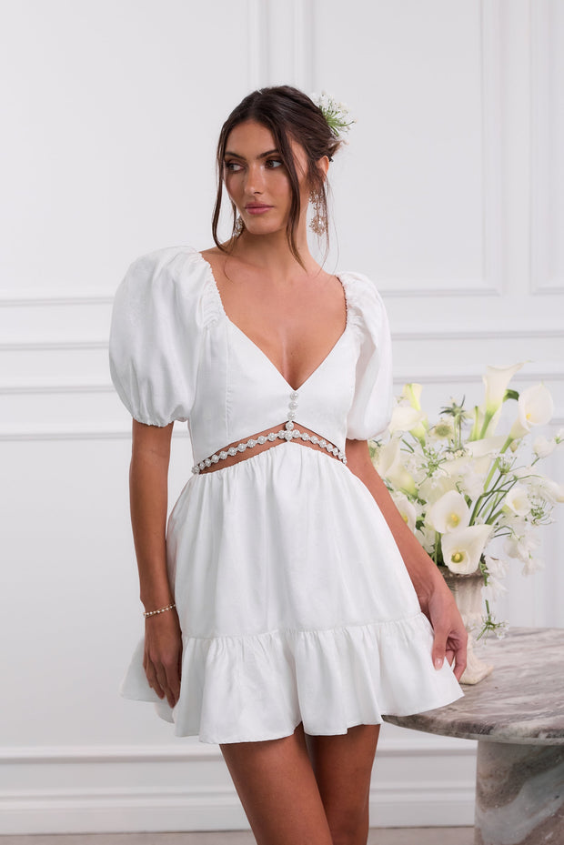 The Emily Dress in White Windsor Brocade