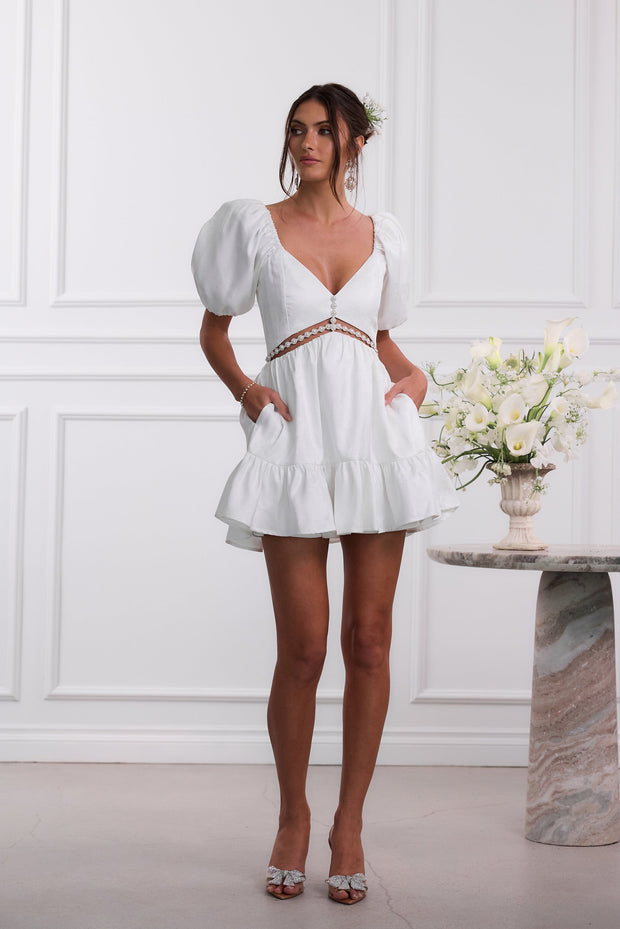 The Emily Dress in White Windsor Brocade