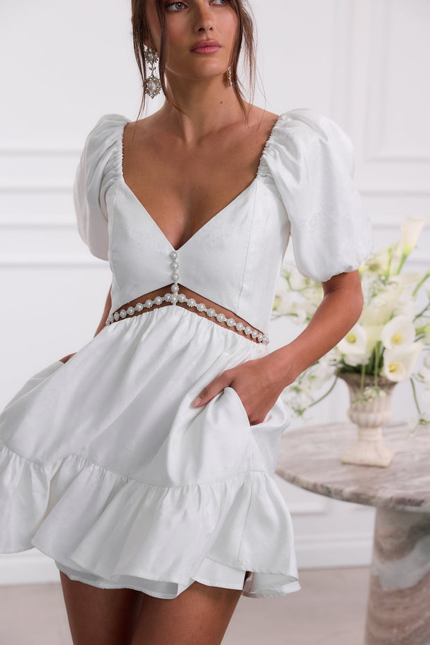The Emily Dress in White Windsor Brocade