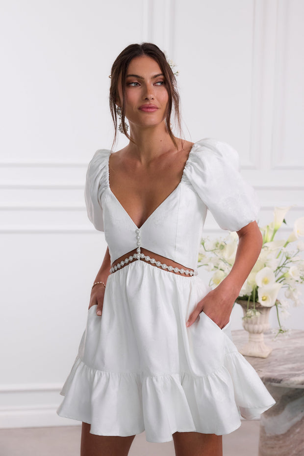 The Emily Dress in White Windsor Brocade