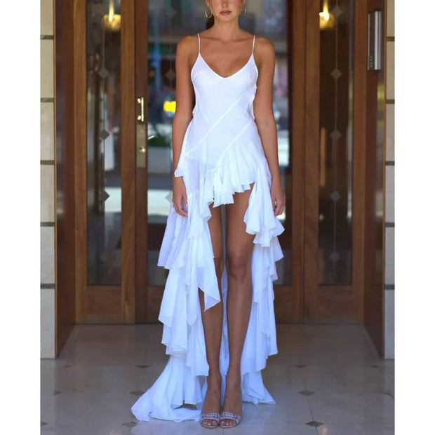 V-neck Brace Irregular Ruffled Dress