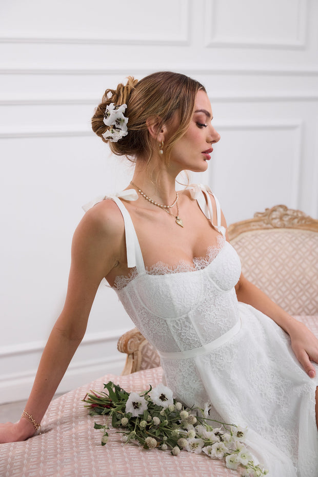 The Harmony Dress in White Chantilly Lace