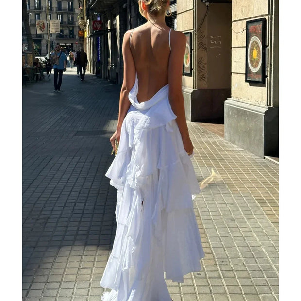 V-neck Brace Irregular Ruffled Dress