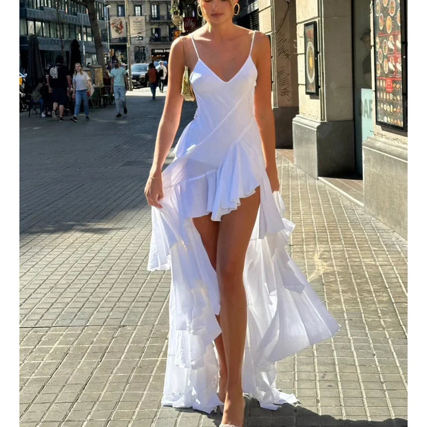 V-neck Brace Irregular Ruffled Dress