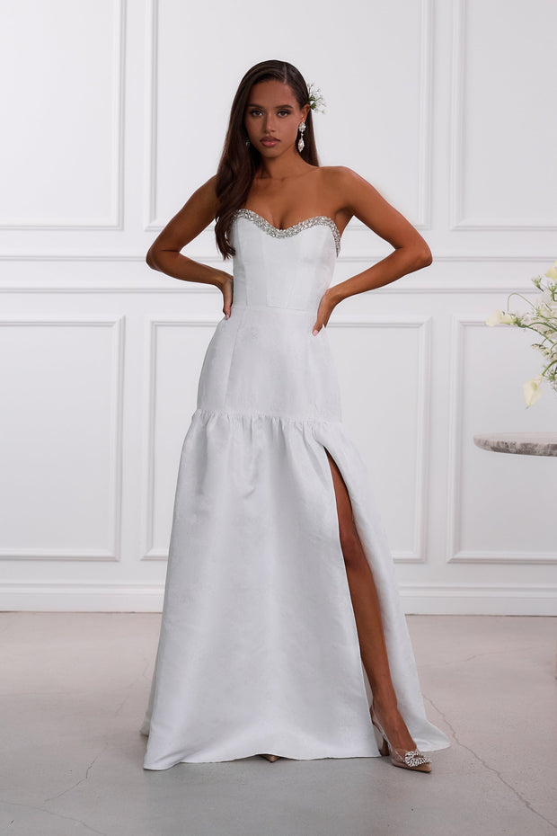 The Linda Dress in White Windsor Brocade