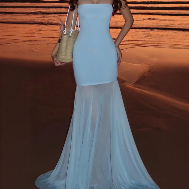 Sexy Tube Top Solid Color Chiffon Sleeveless Stitching Dress
