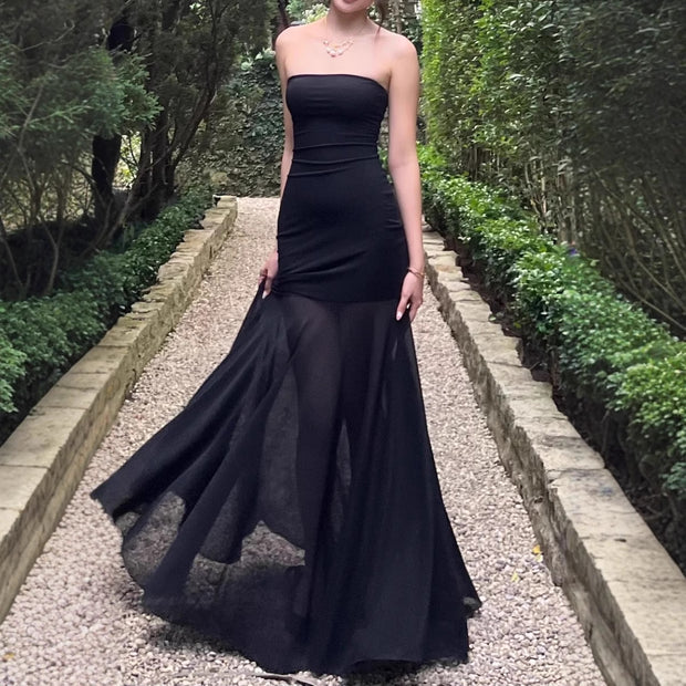 Sexy Tube Top Solid Color Chiffon Sleeveless Stitching Dress