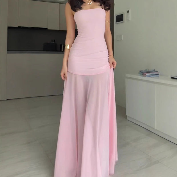 Sexy Tube Top Solid Color Chiffon Sleeveless Stitching Dress