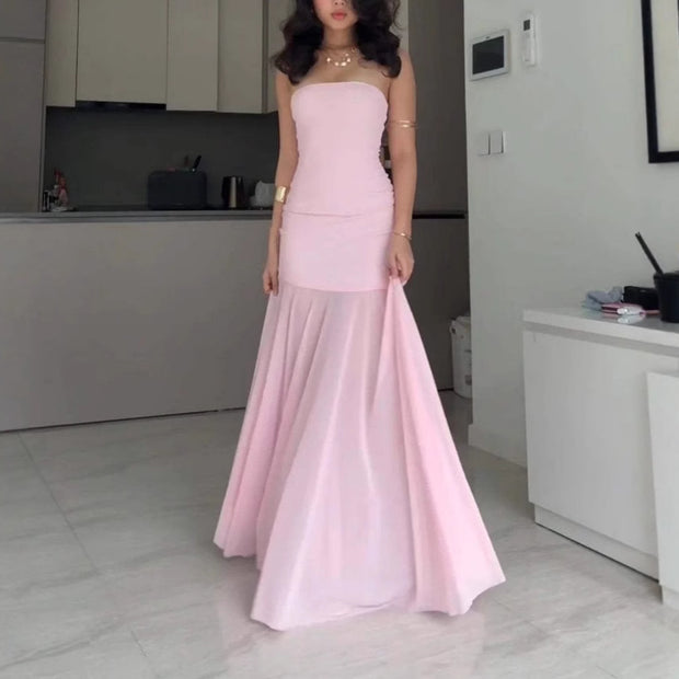 Sexy Tube Top Solid Color Chiffon Sleeveless Stitching Dress