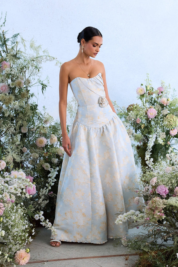 The Rosamund Dress in Sky Windsor Brocade