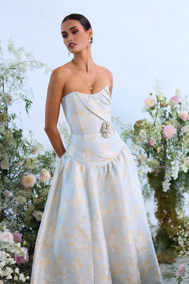 The Rosamund Dress in Sky Windsor Brocade