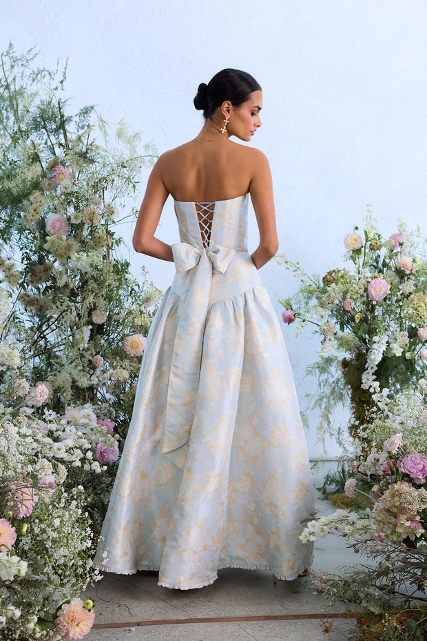 The Rosamund Dress in Sky Windsor Brocade