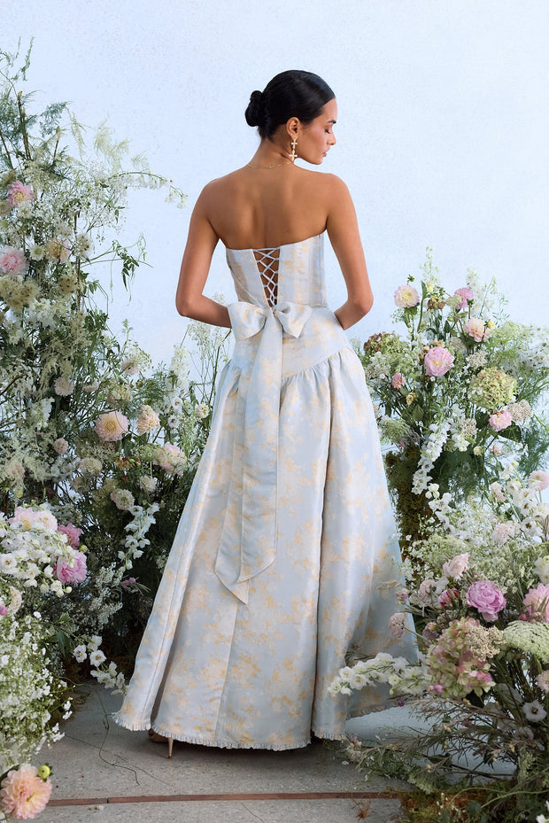 The Rosamund Dress in Sky Windsor Brocade