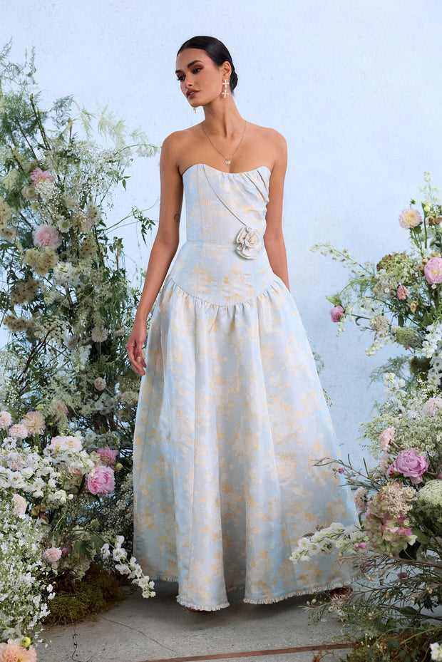 The Rosamund Dress in Sky Windsor Brocade