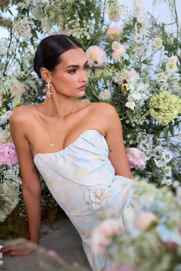 The Rosamund Dress in Sky Windsor Brocade