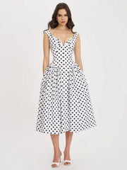 Sexy Sleeveless Deep V Fitted Waist Polka Dots Dress