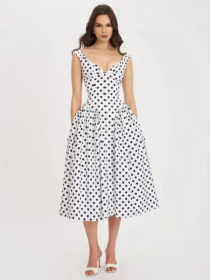 Sexy Sleeveless Deep V Fitted Waist Polka Dots Dress