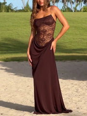 Sexy Lace Sling Solid Color See-through Dress
