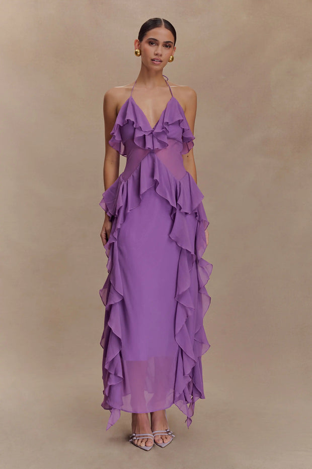 Sexy Sleeveless Halter Wooden Ear Chiffon Dress
