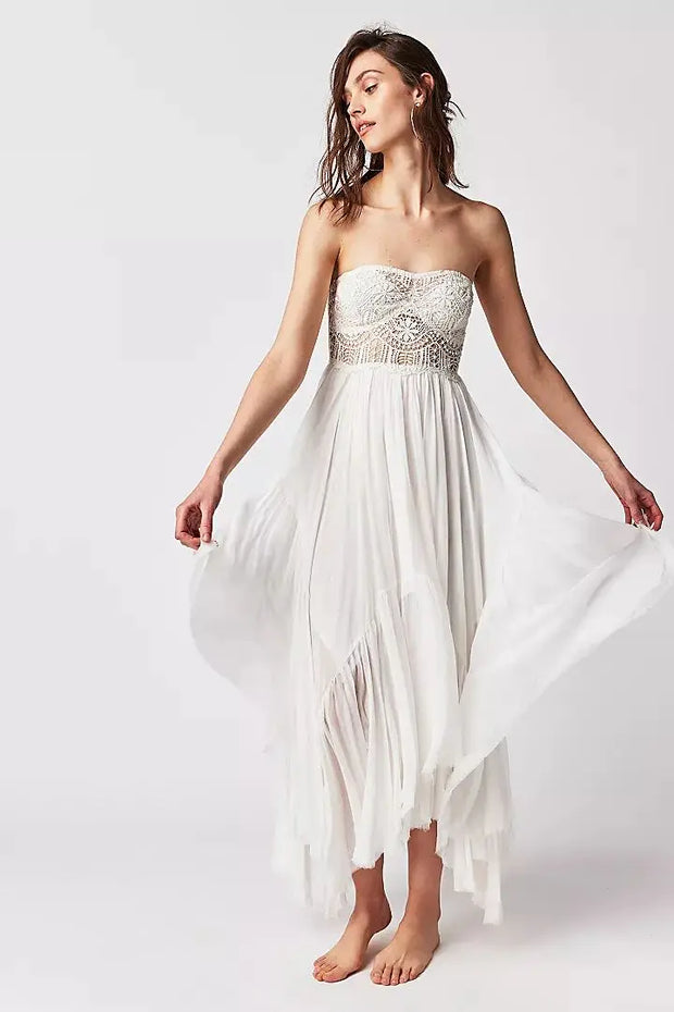 Holiday Cutout Lace Stitching White Bra Dress Women's Summer Super Fairy Irregular Backless Beach Dress