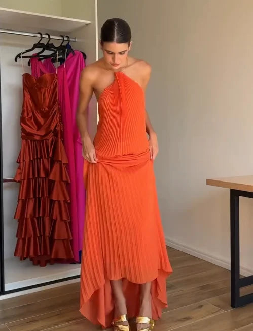 Sexy Halter Loose Pleated Solid Color Dress