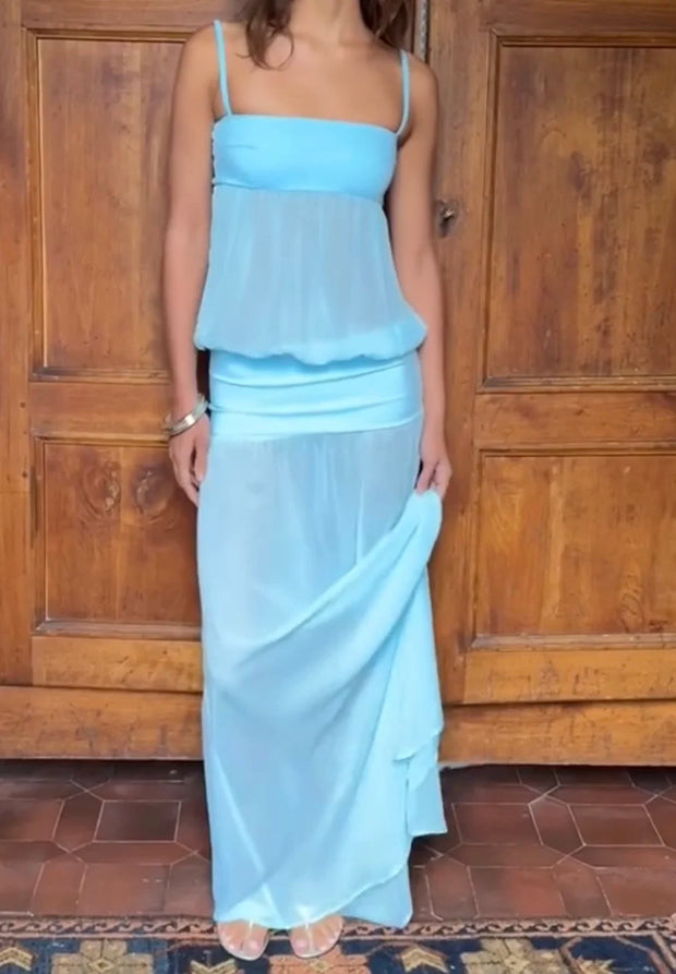 Sexy Sling Solid Color See-through Dress