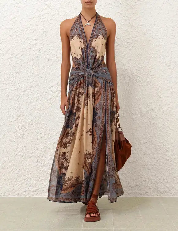 Personalized Halter Strap Backless Ethnic Style Dress