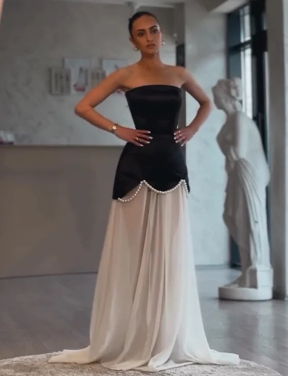 Sexy Sleeveless Tube Top Stitching Black and White Dress