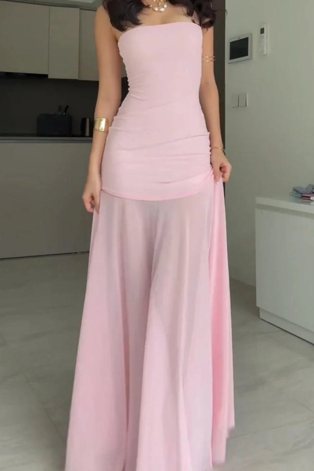 Sexy Tube Top Solid Color Chiffon Sleeveless Stitching Dress