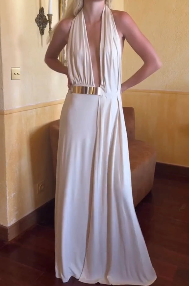 Sexy Halter Open Collar Bare Back Solid Color Dress