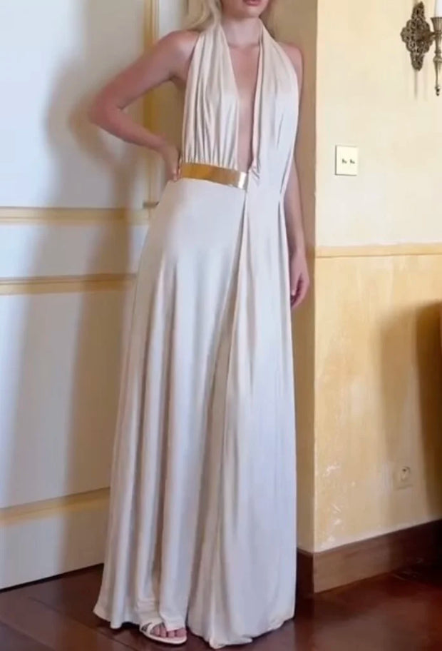 Sexy Halter Open Collar Bare Back Solid Color Dress