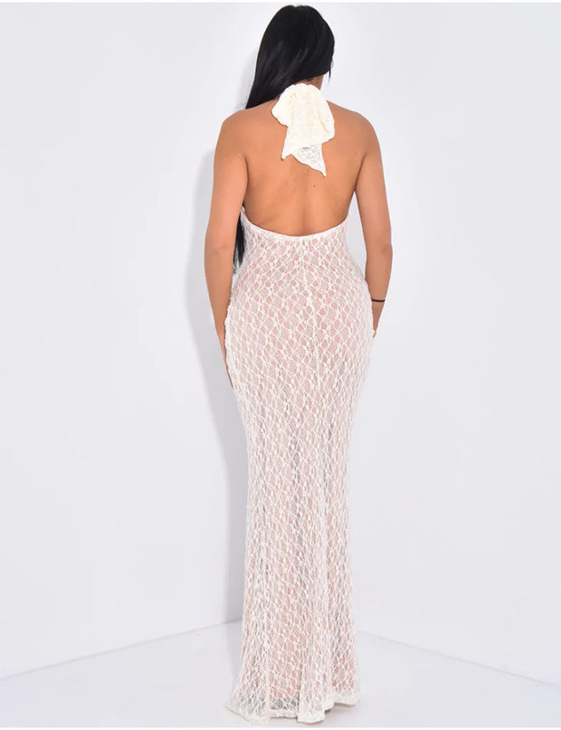 Sexy Halter Sleeveless Slim Lace Solid Color Dress