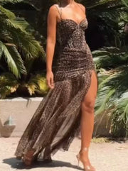Wild Slim Fit High Slit Leopard Print Dress