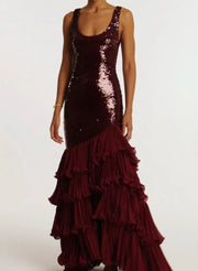 Sexy Sleeveless U-Neck Stitching Sequined Elegant Evening Dress