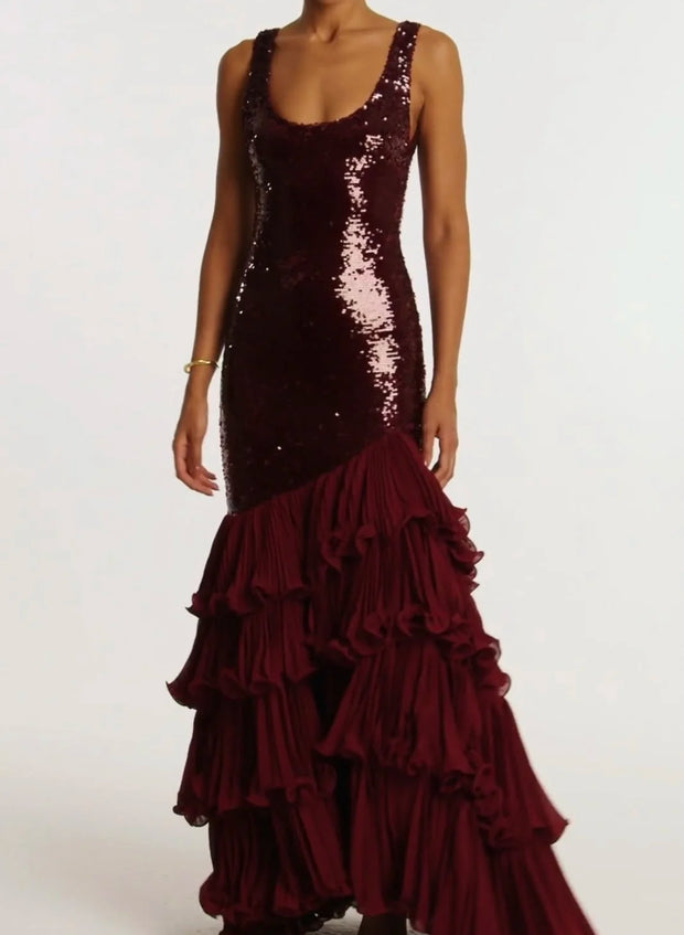 Sexy Sleeveless U-Neck Stitching Sequined Elegant Evening Dress