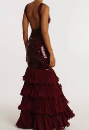 Sexy Sleeveless U-Neck Stitching Sequined Elegant Evening Dress