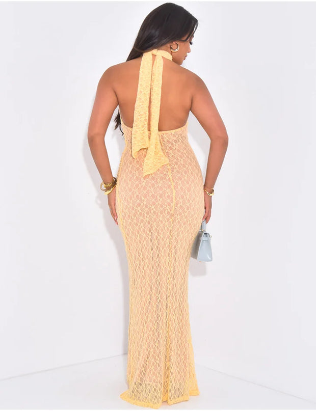 Sexy Halter Sleeveless Slim Lace Solid Color Dress
