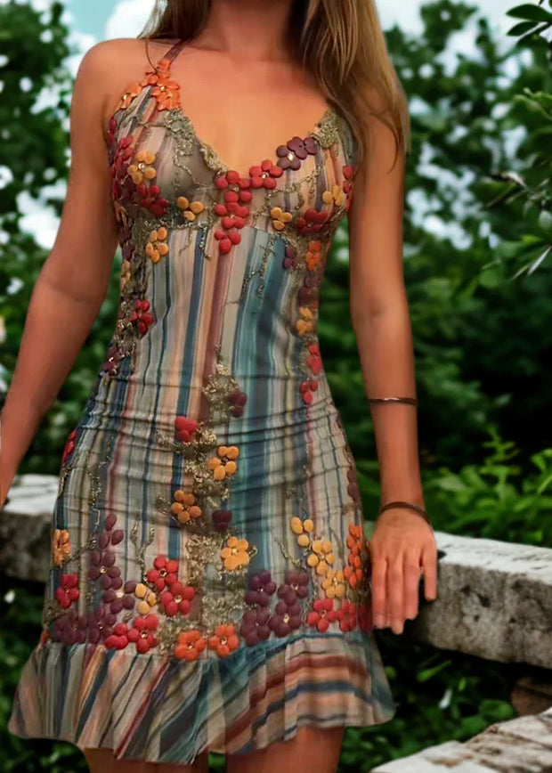 Halter Deep V Flower Vertical Stripes Colorful Mini Skirt