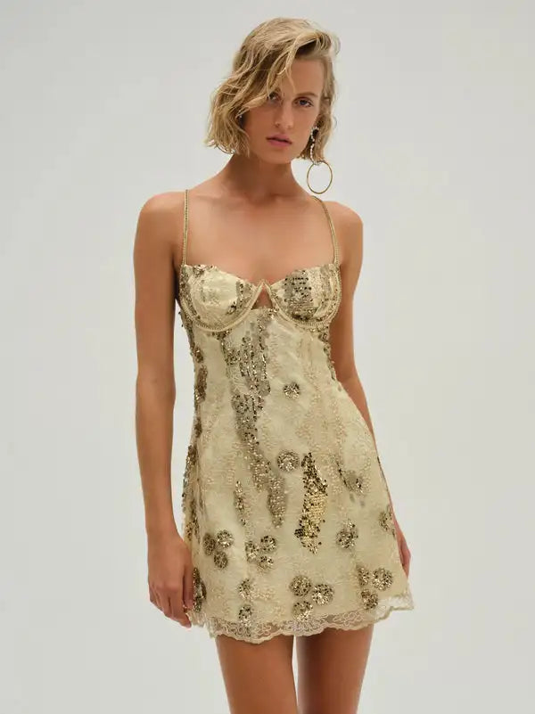 Sexy Hollow-out Camisole Sequined Hot Girl Mini Skirt
