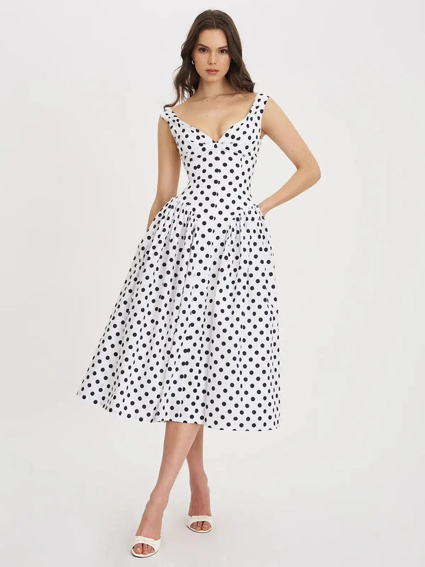 Sexy Sleeveless Deep V Fitted Waist Polka Dots Dress