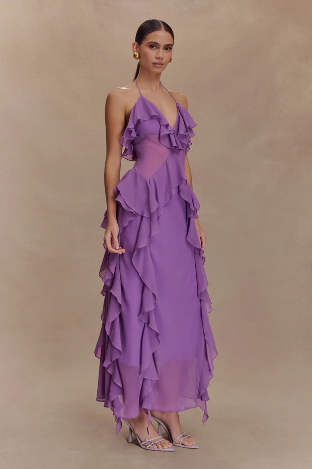 Sexy Sleeveless Halter Wooden Ear Chiffon Dress