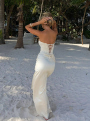 Sexy Sleeveless Lace Tube Top Cinched Waist Slit Dress
