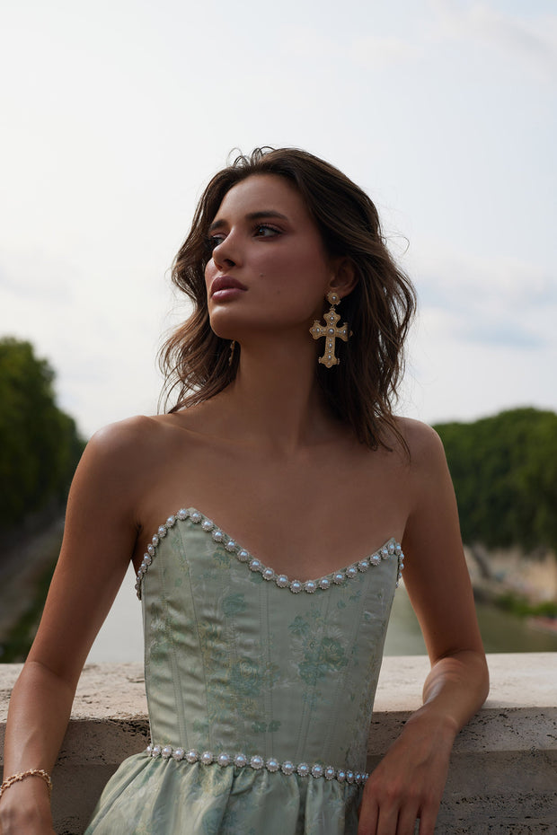 The Vivian Dress in Sage Windsor Brocade