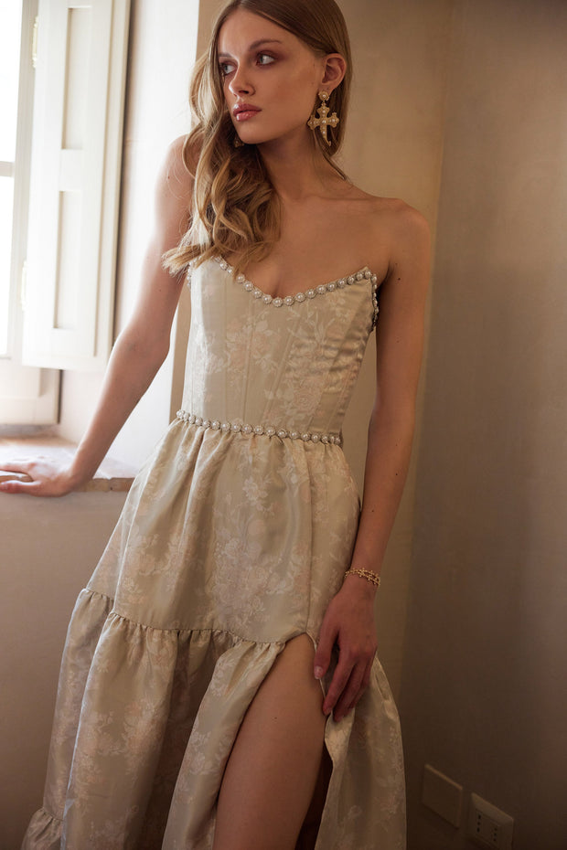 The Vivian Dress in Taupe Windsor Brocade